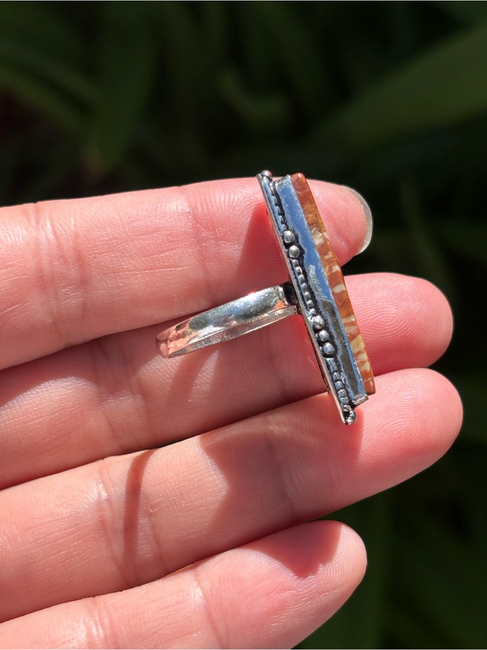 SIZE 7 Handcrafted Orange Bird Eye Jasper Rectangle Silver Ring - Picture 3 of 5